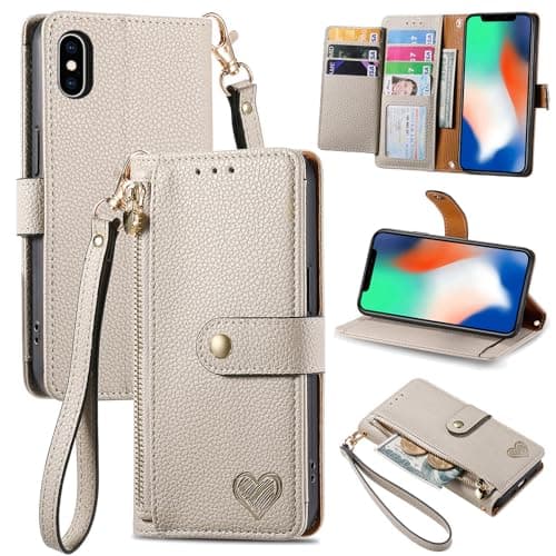 Image of VEEMOS Zipper Wallet Case for Apple iPhone XS Max Phone Case with Purse Card Holders RFID Blocking Leather Flip Case Book Cover Wrist Strap Women - Gray