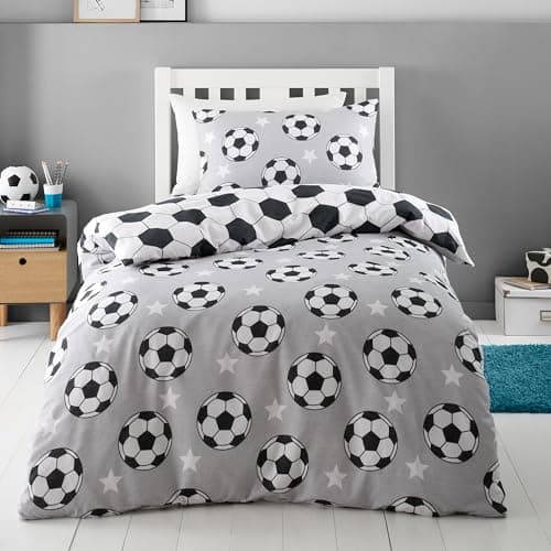Image of Catherine Lansfield Brushed Cotton Football Stars Reversible Double Duvet Cover Set with Pillowcases Grey