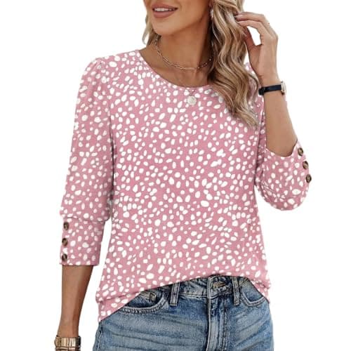 Image of Zidoley Women's Fashion 3/4 Sleeve Tops for Women UK, Womens Casual Crew Neck Long Sleeve Tops Women, Ladies Blouses Summer Tops Tshirts, Womens Summer Clothes (UK, Alpha, M, Regular, Regular, Pink)