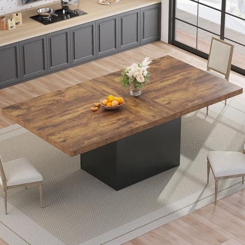 Image of HSH Rustic Brown Faux Marble Dining Table, Rectangle Modern Dinner Table for 6-8, Farmhouse Long Kitchen Table for Living Room, Industrial Wood Dining Room Tables with Sturdy Base 180cm