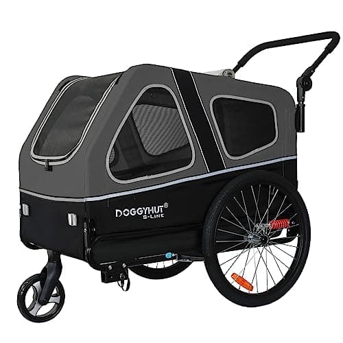 Image of DOGGYHUT XL Pet Bike Trailer & Stroller for Dogs Up to 45kgs,Folding Frame Cart, Suspension Wheels,Low Center of Gravity, Parking Brakes (Grey/Black)