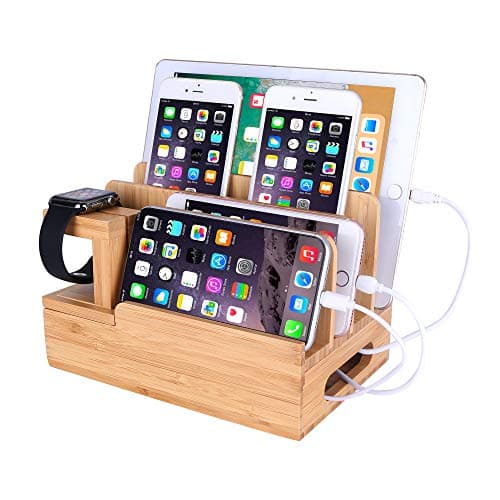 Image of Bamboo Wood Desktop Organizer Charging Docking Station Charger Holder Cradle Charge Stand Compatible iPhone 16 15 14 13 Pro Max iPad Mini Air Pro Apple Watch Ulrta 10 9 8 7 6 5 4 3 2 iWatch Smartphone