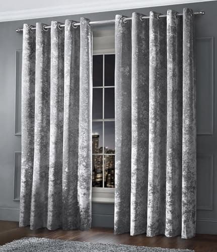 Image of Intimates Luxury Fully Lined Thick Crushed Velvet Ringtop Pair of Curtains Eyelet Curtain Panels Dimout Window Treatment (Silver Grey, W 66" x L 90" (2 Panels))