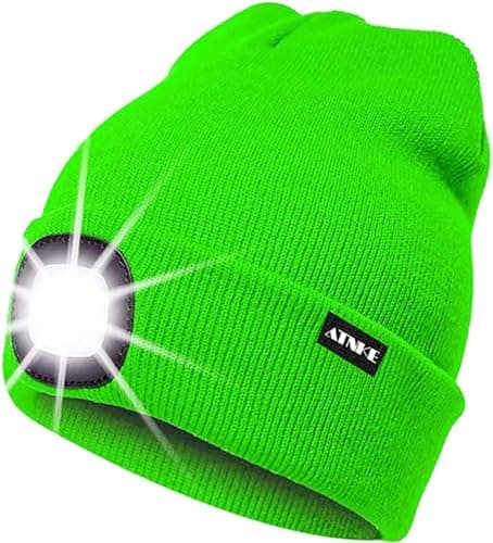 Image of ATNKE LED Lighted Beanie Cap,USB Rechargeable Running Hat Ultra Bright 4 LED Waterproof Light Winter Warm Gifts for Men and Women/Fluorescent Green