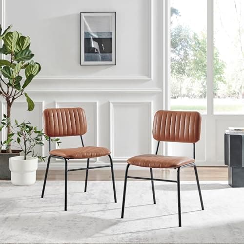 Image of Furniturebox UK 2x Dining Chairs - Delta Tan Brown Faux Leather Upholstered Dining Chairs Black Legs - Modern Mid Century Style - Contemporary Kitchen Furniture (Set of 2)