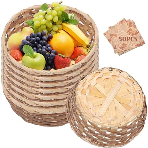 Image of 8 Pack Round Bamboo Gift Baskets with Baking Paper - 17cm Woven Bread & Fruit Serving Baskets, Natural Handmade Kitchen Storage Bins for Restaurant Display, Home Decor & Holiday Gifting