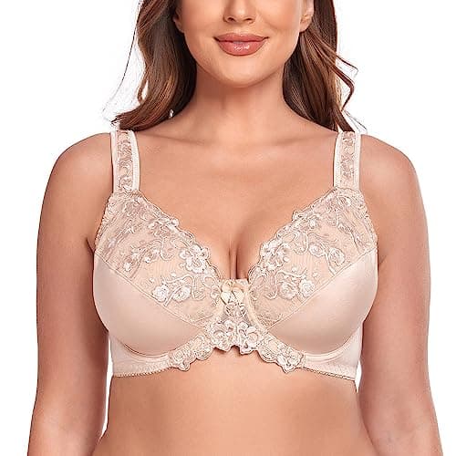 Image of Ayigedu Women's Full Coverage Minimiser Bra Floral Lace Non Padded Plus Size Underwired Bra 38GG Beige