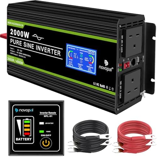 Image of Novopal 2000W Pure Sine Wave Inverter 12V to 230V 240V Car Converter Power Inverter with LCD Display 2AC Outlets and USB Port,Remote Control for Motorhomes,Truck,Boat,Camping,Household,Van