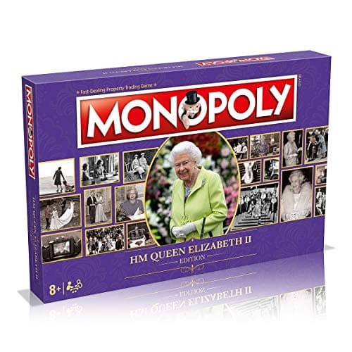 Image of Winning Moves HM Queen Elizabeth II Monopoly Board Game, tour key moments in Her Majesty's life, Collect Royal Residence, Horses, Corgis and Weddings, gift for ages 8 plus