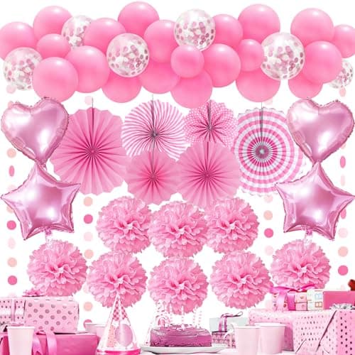 Image of Recosis Pink Pompom Balloon Garland - Party Supplies for Women, Girls, Baby Showers, Bachelorette, Wedding, Graduation Decorations