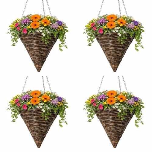 Image of Garden Mile 4 Pack 14” Cone Hanging Planters – Brown Rattan Wicker Garden Baskets with Liner & Metal Chains – Outdoor Flower Pots for Patio, Balcony & Porch