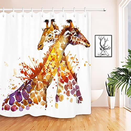 Image of JOOCAR Bathroom Decorative, Watercolor Colorful Print Giraffe, Waterproof Polyester Fabric Shower Curtain with 12 Hooks Size: 72x72 Inch
