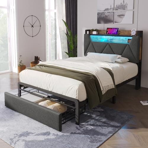 Image of Merax Single bed frame, Single Storage Bed with Storage Headboard and Drawer, LED Lighting, USB Type-C Charging Function, Metal Slatted Frame, for adults&teenagers(No Mattress), Grey/90CM*190CM
