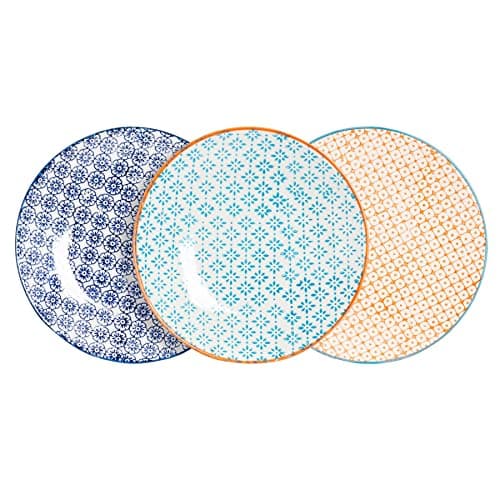 Image of Nicola Spring Hand-Printed Side Plates - 18cm - 3 Colours - Pack of 6 - Porcelain Decorative Patterned Dining Dish Plates for Snacks, Starters, Dinner, Dessert