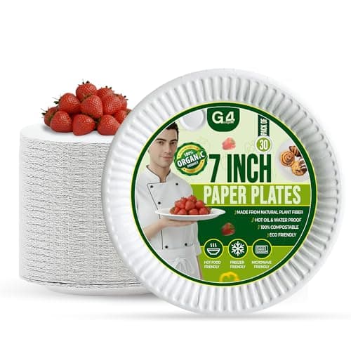 Image of G4GADGET 30 Pack 7 Inch Paper Plates – Small Disposable White Plates for Snacks, Desserts & Parties – Eco-Friendly, Biodegradable, Recyclable for Hot & Cold Food – Sturdy & Microwave Safe