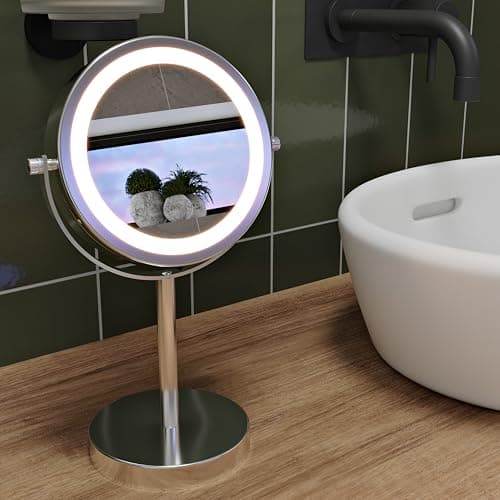 Image of Croydex Chrome Illuminated Battery Operated Pedestal Mirror with 3X Magnifying, H:30cm x W:12cm x D:18cm, MM703000E