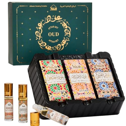 Image of Oud Attar Oil Set by Dukhni | Arab perfume oils for men and women | 3 assorted roll on perfume scents x 6ml | Arabic oudh oil fragrances | Eid, Ramadan Gift Set, Halal & Vegan Islamic Fragrances