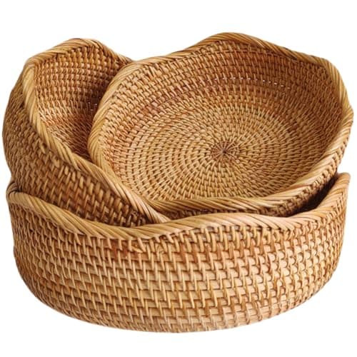 Image of Rattan Bread Basket, Hand Woven Fruit Basket, Wicker Serving Basket Bowl, Decorative Baskets for Kitchen Counter Organizing, Set of 3 (Wave)