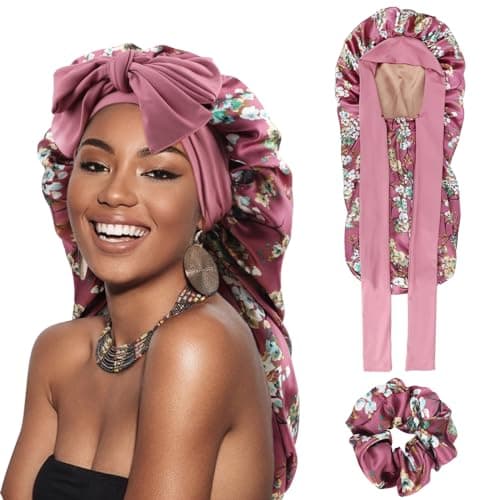 Image of DRESHOW Long Satin Braid Bonnet for Women Silk Bonnet for Sleeping Sleep Cap with Elastic Tie Band Night Cap for Long Curly Hair Locs