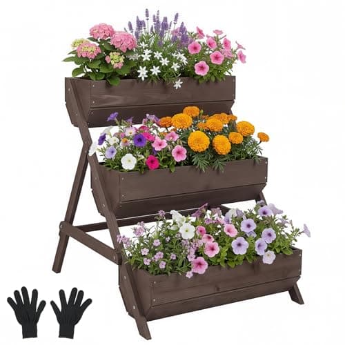 Image of Warmiehomy 3 Tier Wooden Planter with Gloves, Elevated Raised Garden Bed with Drainage Holes, Outdoor Vertical Planter Box for Patio, Balcony, Backyard, 65 x 75 x 76 cm, Tan