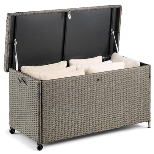 Image of VonHaus Garden Storage Box 290L - Grey Rattan Outdoor Cushion Storage Box with Lockable Lid - Weatherproof Garden Container with Waterproof Liner, Gas Lift Hinges, Wheels & Carry Handle - Bali