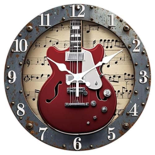 Image of CHGCRAFT 3D Industrial Style Guitar Pattern Wall Clock 12 Inch Non-Ticking Clocks Round Sheet Music Pattern Wall Hanging Clock Battery Operated for Bedroom Living Room Kitchen Office