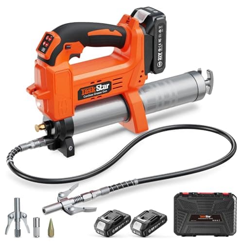 Image of TaskStar 10000PSI Electric Grease Gun: Auto Grease Volume Control, 4.6 oz/min Battery Powered Cordless Grease Gun Kit with 2×2.0Ah Batteries, 3 Couplers - Efficient for Tractors, Trucks, and Machinery