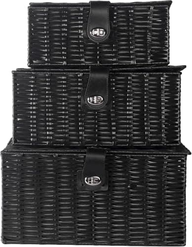 Image of M&W Set of 3 Resin Woven Storage Basket Box With Lid & Lock, Large, Medium, Small (Black)