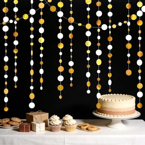 Image of 52Ft Circle Dots Garland Party Decorations, White Gold Hanging Paper Polka Dots Streamer, Circle Hanging Decoration for Birthday Wedding Christmas Engagement Graduation (Gold and White)