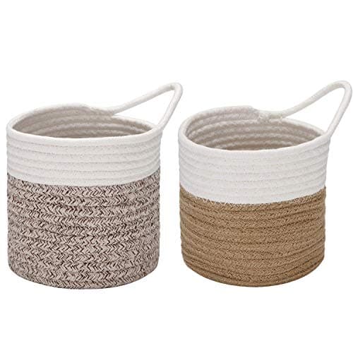 Image of Sea Team Pack of 2 Hanging Baskets Cotton Rope Small Woven Storage Basket 6.7 Inch, Hanging Bag for Bike, Planter Fabric, Pot, Wall, Organizer Key Holder, Wallets