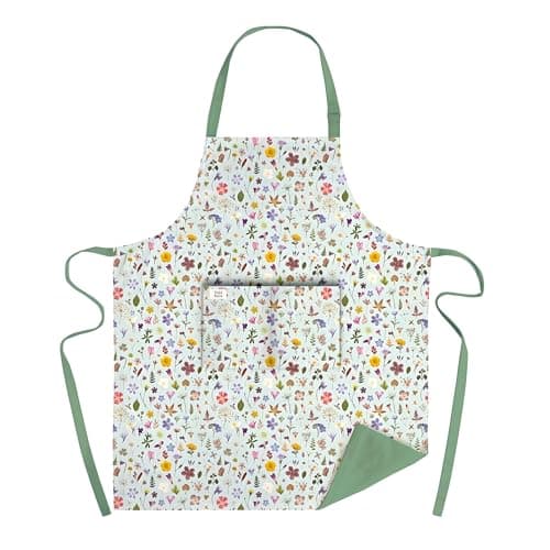 Image of Museums & Galleries Adjustable Apron - Pressed Flowers Mint Meadow by Helen Ahpornsiri - Artistic Floral Design - Organic Cotton - Stylish Home Accessory