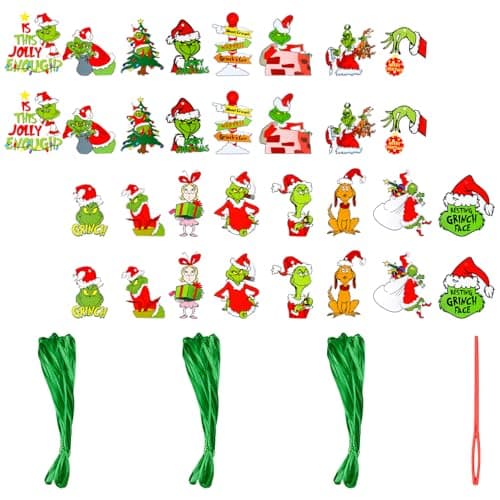 Image of Rumyve 32pcs Christmas Hanging Ornaments,Grinch Pendants,Cute Paper Cutouts Hanging Sign Decor for Hanging on Xmas Tree,Winter Holiday Party Supplies