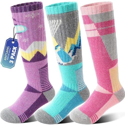Image of ANTSANG Kids Merino Wool Ski Socks Boys Girls Thermal Thick Warm Winter Cozy Knee High Socks for Skiing Snowboarding 3 Pairs(Purple/Green/Pink,8-12 Years)