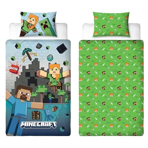 Image of Minecraft Officially Licensed Movie Single Duvet Cover Set | Reversible Bedding with Level Design 2 Sided Includes Matching Pillowcase | Single Set