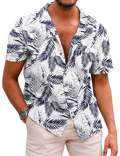 Image of COOFANDY Men Hawaiian Button Down Shirt Short Sleeve Regular Fit Floral Aloha Shirt Black-White XL