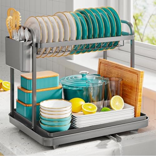 Image of Kitsure Dish Drainer Rack - Space-Saving Dish Drainer, Dish Racks for Kitchen Counter, Stainless Steel Kitchen Drying Rack with a Cutlery Holder, 2-Tiers, Grey