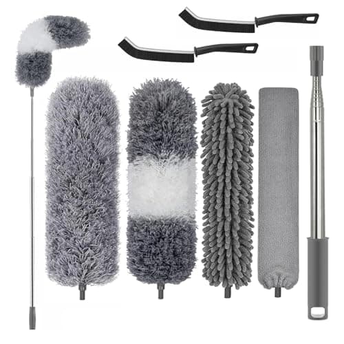 Image of Feather Duster,7 PCS Extendable Bendable Washable Cobweb Brush with Extension Pole Up to 100'', Long Feather Duster for Cleaning Ceiling Fan,High Ceiling,Furniture (Grey)