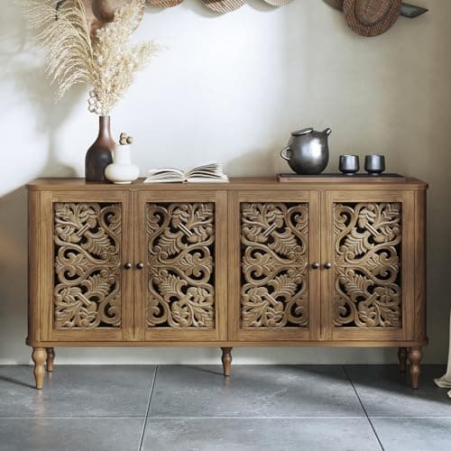 Image of HOLTICO Sideboard Cabinet with 4 Doors, French Country Hollow Floral Carved Accent Cabinet, Walnut Wooden Buffet Storage Sideboards for Living Room, Dining Room, Hallway