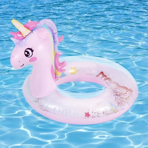 Image of MoKo Inflatable Pool Float, Cute Glitters Unicorn Swim Tube Rings Inflatable Swimming Toys Floaties Fun Summer Water Floaties for Beach Pool Outdoor Party Water Toy for Children - Pink