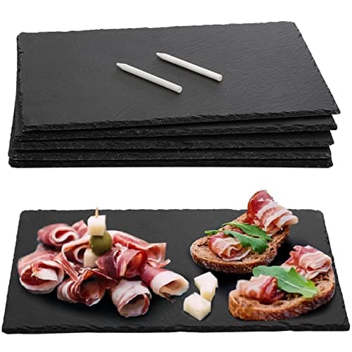 Image of Hacaroa 6 Pieces Slate Cheese Board, 30 x 20cm Black Charcuterie Boards Natural Slate Stone Plate Tray, Gourmet Serving Platter for Meats, Fruits, Parties, Appetizers