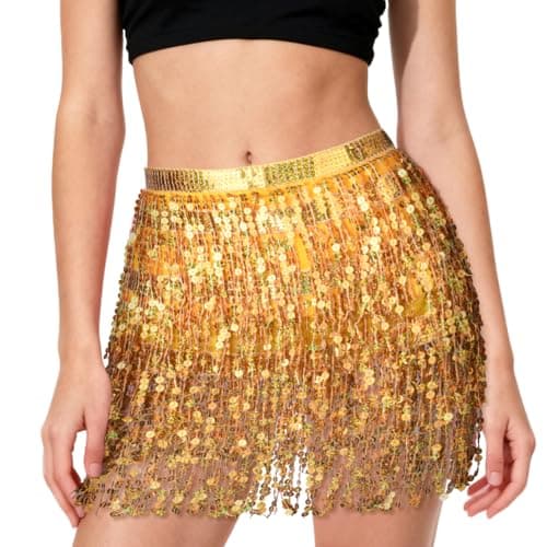 Image of AYBUY Sequin Skirt for Women, Tassel Belly Dance Skirt Mini Sparkly Glitter Shiny Skirts for Performance & Festival Dance, Gold