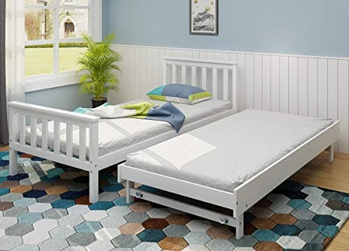 Image of Panana Wooden Single Day Guest Bed With Pull Out Under Bed - 2 in 1 Bedroom Furniture, Fits 90 * 190 Mattress, Trundle Included - White
