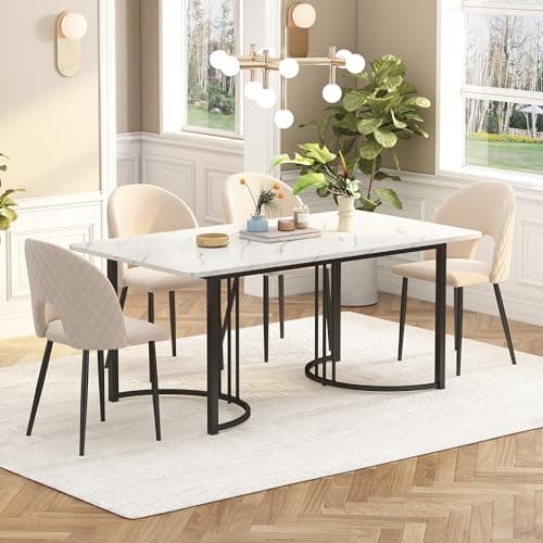 Image of Merax marble Dining Table 140 x 80cm, Metal Frame Rectangular Kitchen Table, in Modern Marble Pattern, with Adjustable Feet, for 4-6 people, for Home & Office, White/Black