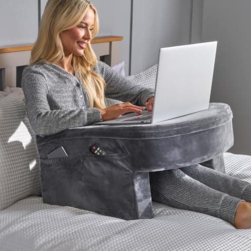 Image of OHS Laptop Cushion Tray for Lap, Gaming Pillow for Bed with Multiple Storage Pockets Comfy Convenient Soft Foam Lap Desk Pillow - Grey