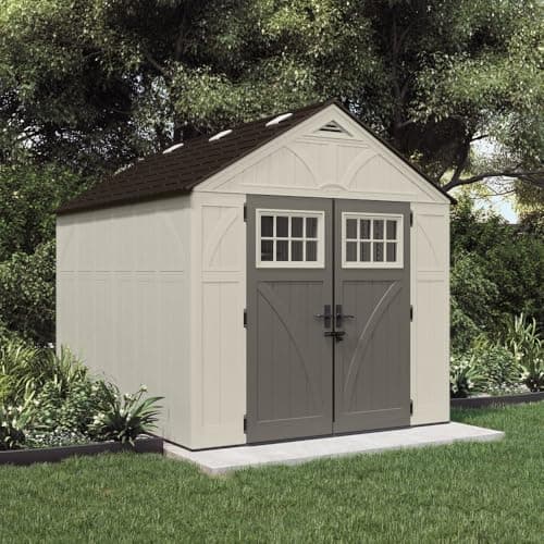 Image of Suncast Tremont Garden Shed, 8x10, Metal Reinforced Resin, Weather Resistant, with Skylights and Corner Shelves, 15m³ Storage