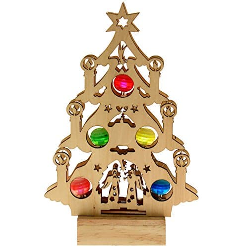 Image of WeRChristmas Pre-Lit Wooden Christmas Tree with Coloured LED Baubles Window/Table Decoration, 24 cm