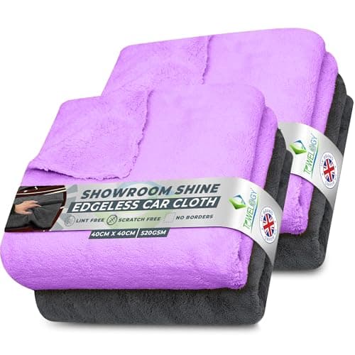 Image of Towelogy® 520gsm Professional Microfibre Edgeless Car Cloths QUICK DRY for Auto/Moto Detailing Polishing Washing STREAK FREE & LINT FREE 40x40cm (Grey/Lilac Purple, Pack Of 4)