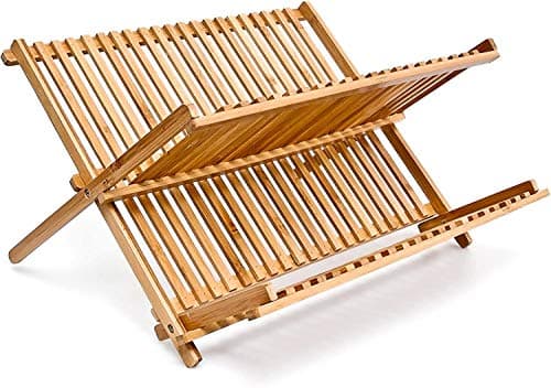Image of raxter Dish Drainer, Heavy Duty Dish Drying Rack 2 Tier Foldable Dish Rack, Waterproof Bamboo Draining Board Plate Rack for Kitchen Countertop - 24 x 42 x 33 cm Sink Drainer Rack - Natural Brown