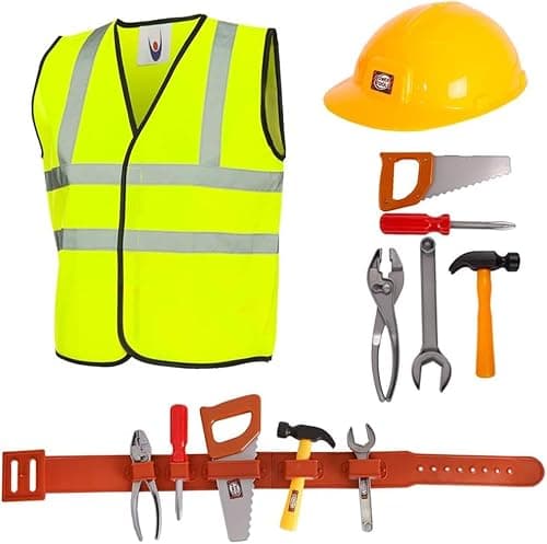 Image of Childs Builder Playset Kids Toy Toolkit - 8 Pcs Builder Dress Up with Tool Belt (5 Unique tools) - Construction Worker Fancy Dress Costume For Boys & Girls (Small - 4-6 Years)
