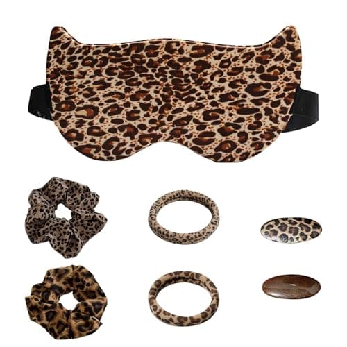 Image of 7Pcs Leopard Print Sleep Mask Set, Blackout Eye Mask & Hair Scrunchies Gifts for Women, Adjustable Hook-and-Loop, Foldable Blindfold for Sleeping, Travel, Yoga